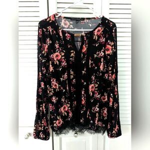 White House Black Market Top Women's sz S Black/Peach Floral Boho Peasant Blouse